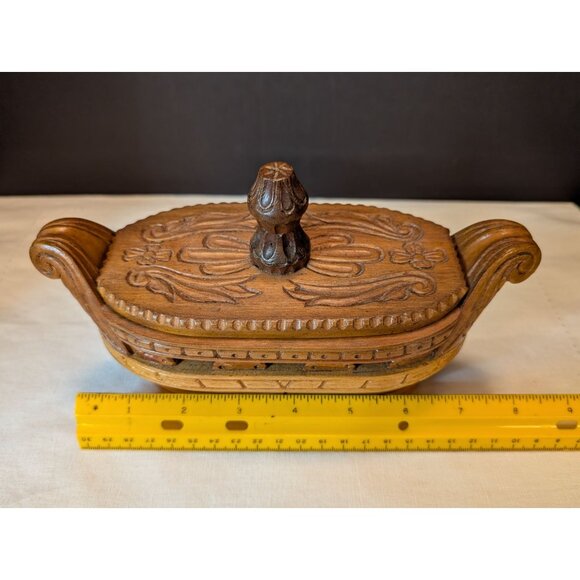 Handcrafted Wood Viking Boat-Shaped Box With Removable Lid & Carved Detailing - Picture 8 of 10